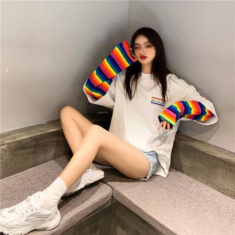 Spring Autumn Women Harajuku Long Sleeve Rainbow O-Neck T-Shirts  Casual Striped Femme Black Tops Pullover