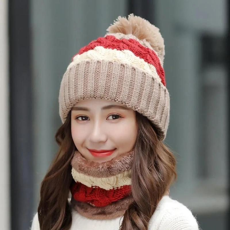 Women's Winter Knitted Hat Korean Style Woolen Cap Plus Velvet Fur Ball Warm Hat Cotton Cap Cycling Cold Proof Cap with Scarf Neck Protection