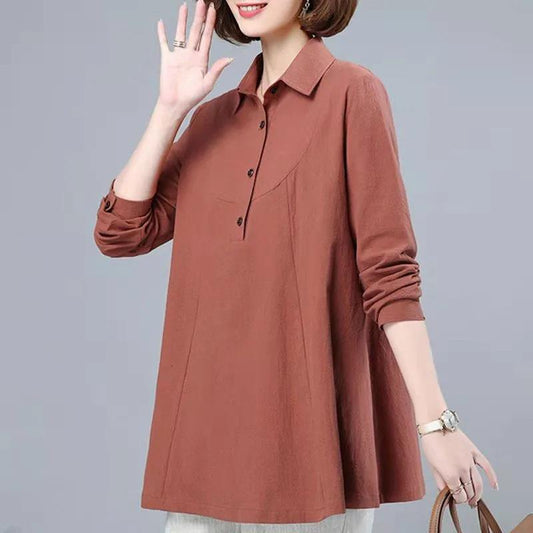 Long-sleeved Cotton T-shirt Women's Loose Plus Size Top Western Style Cover Belly Mid-length Shirt