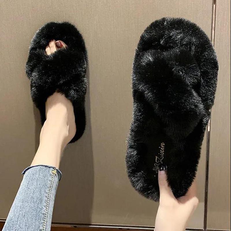 Hairy Slippers Women's Flat-bottom Non-slip Slip-on Slippers Outer Wear Thick-soled Cotton Slippers Home Warm Cotton Slippers