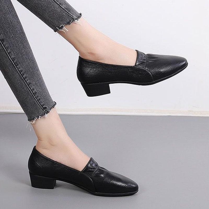 Single Leather Shoes Women's Flat Thick Heel Work Shoes Women's Shoes with Round Toe Soft Sole Mid-heel Work Shoes