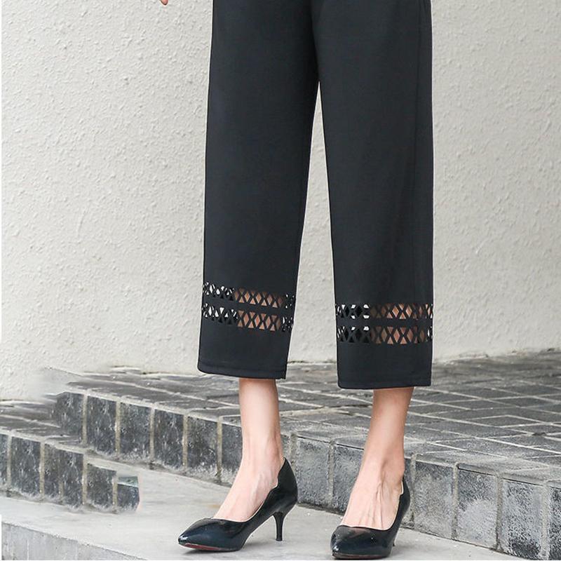 Summer Thin Stretch Mother Cropped Pants Elastic High Waist Loose Middle-aged and Elderly Women's Grandma Pants Hollow Casual Pants