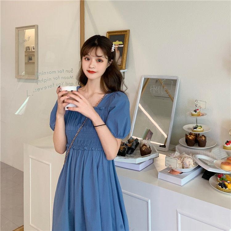 Women's Summer Retro French Over The Knee Long Close Waist Slim Foam Square Neck Short Sleeve Dress