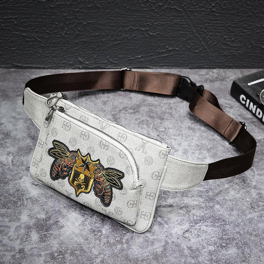 Waist Bag Men and Women Leather Embroidery White Chest Bag Messenger Bag Fitness Sports Shoulder Bag