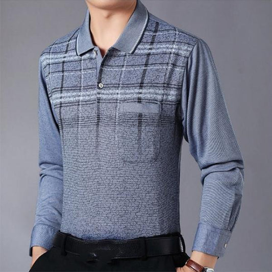 Men's Cotton Plaid Printed Polo Shirt Long-sleeved T-shirt Middle-aged Elderly Spring and Autumn Thin Tops Casual Business Lapel Shirts