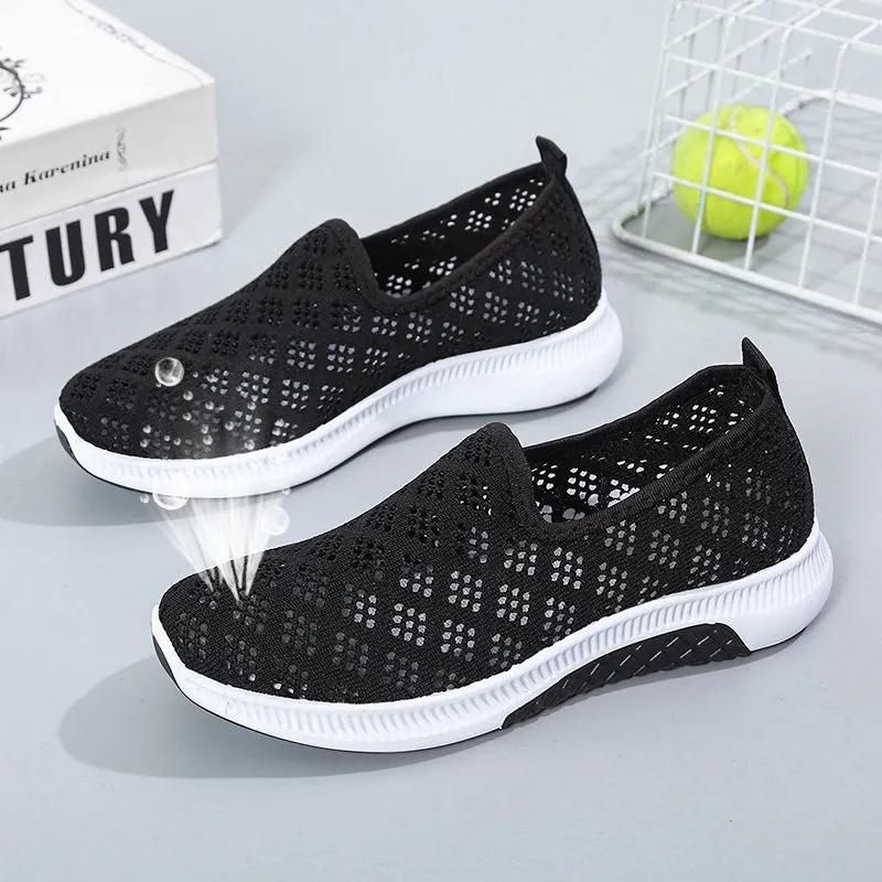 Summer Hollow Out Breathable Slip-on Flat Shoes Women's Fly-woven Mesh Shoes Middle-aged Elderly Non-slip Flat Mesh Shoes