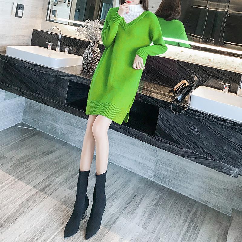 Autumn And Winter Fashion Casual Jacket Mid-length V-neck Solid Color Sweater Loose Lazy Style Dress Women