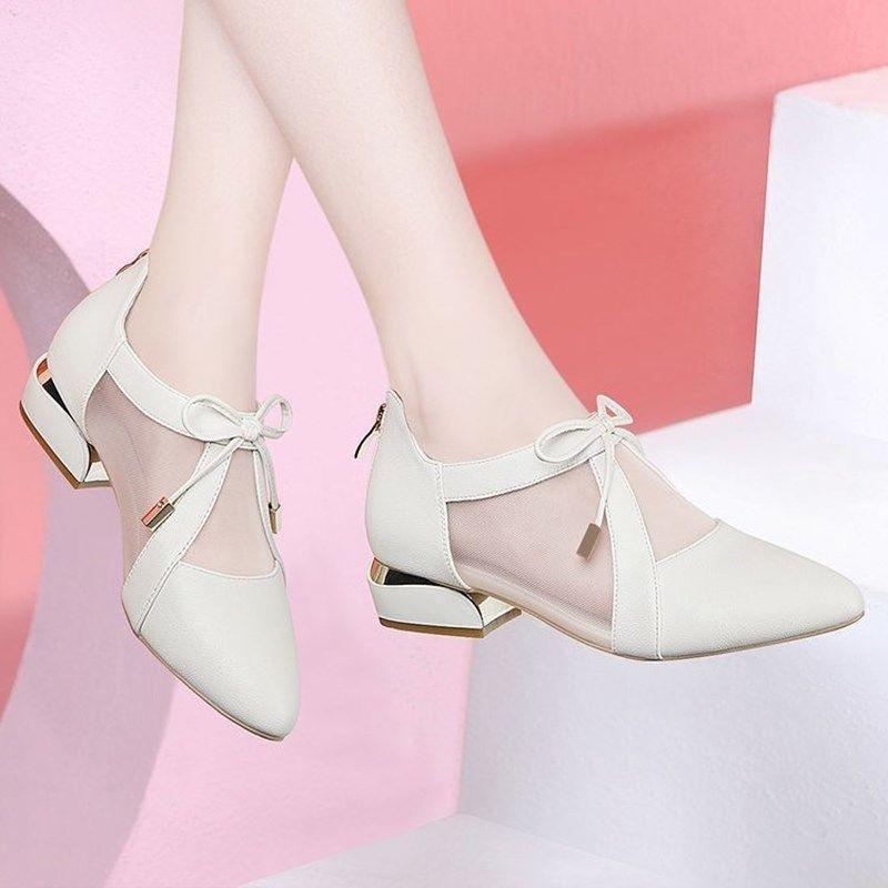 Shoes Women's Thick Heel Pointed Toe Single Shoes Soft Bottom Low Heel Small Leather Shoes Breathable Bow Cute Retro Style Princess Shoes