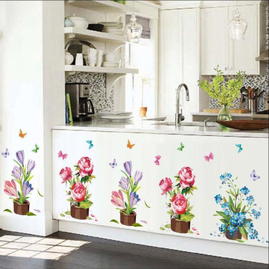 Hand-painted potted plants removable colorful flower waterproof wall sticker nature scene wallpaper