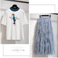 Fashion  Summer Skirt Set Printed Short-sleeve T-shirt Tulle Skirt Two-piece Irregular Long Skirt