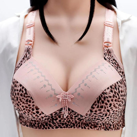 Large Size Thin Leopard Print Bra Underwear Female Super Gathered Sexy Big Breasted Anti-sagging No Steel Ring Bra