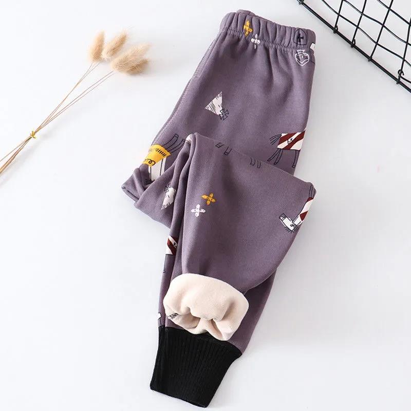 Children's Warm Long Trousers Plus Velvet Thickening for Boys and Girls In Autumn and Winter Milk Silk Warm Pants Baby Pajamas Home