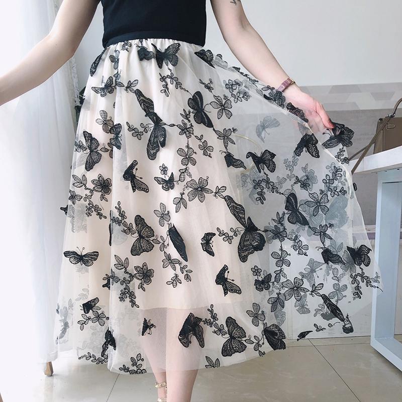 Butterfly embroidery Women Chiffon Skirt Mid-length A-line Skirt Plus Size Fairy Skirt Summer Ruffled Elastic Waist Sandy Beach Vacation Daily