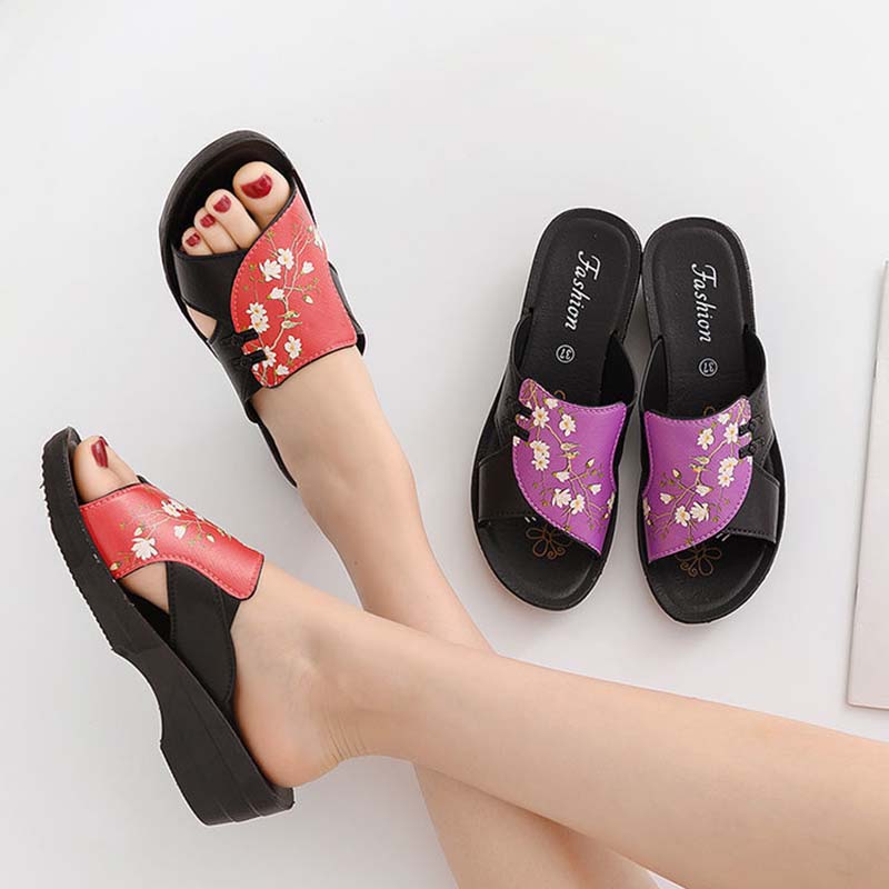 Middle-aged Elderly Mother Sandals and Slippers Thick-soled Slope-heeled Ladies Mid-heel Non-slip Comfortable Outer Wear Soft-soled Increased Sandals