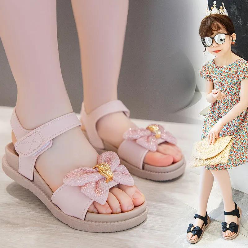 Girls Sandals Girls Summer Soft Sole Flat Beach Sandals Anti-slip Bow Decoration Casual Princess Sandals