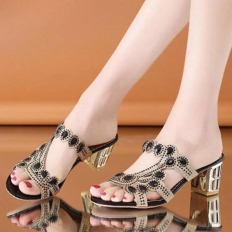 Women's Summer Sandals and Slippers Thick Heels Exquisite Rhinestone Sandals High-heeled Slippers Retro Elegant Flip-flops Comfortable Wear-resistant