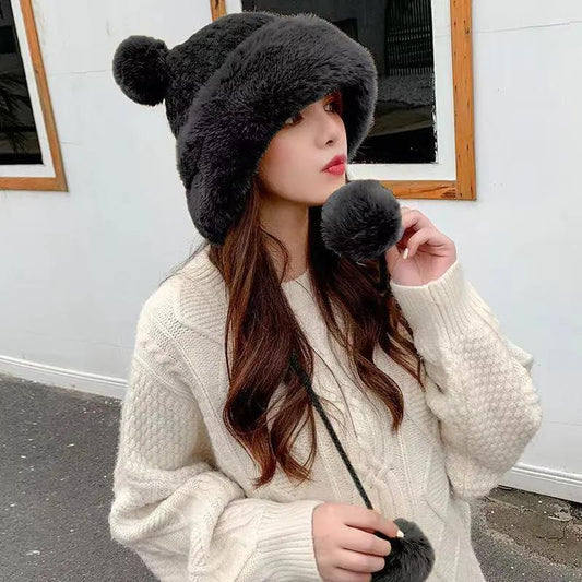 Winter Women's Hat Korean Version of Cute Fur Ball Ear Protection Knitted Hat Plus Velvet Warm Wild Plush Hat