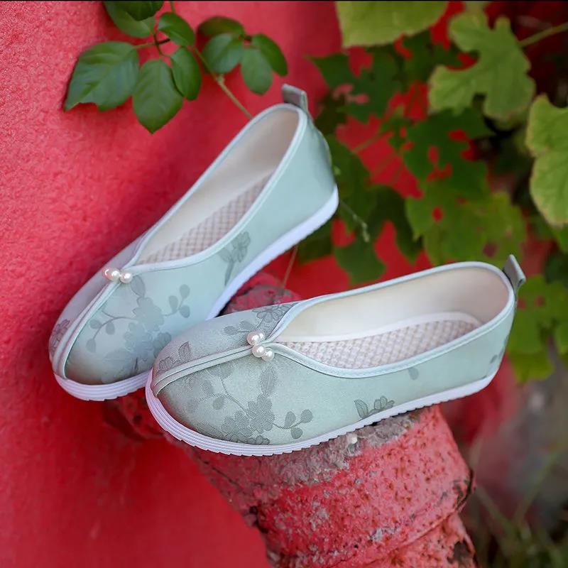 Summer Round Head Hanfu Shoes Costume Shoes Embroidered Cloth Shoes Ming Dynasty Song Dynasty National Style Flat-bottomed Pearl Ancient Style