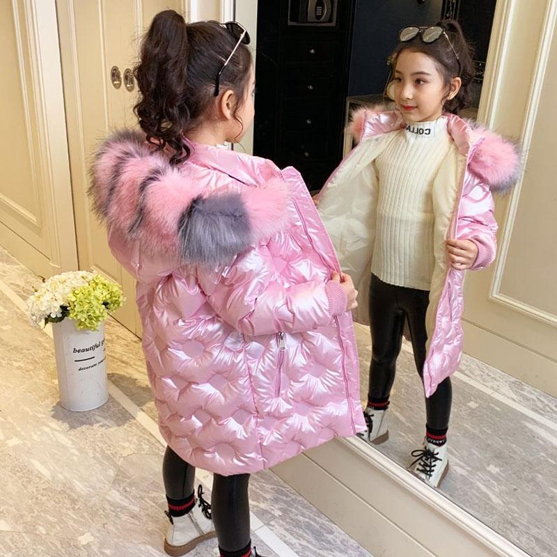 Children's Warm Down Padded Jacket Girls Mid-length Thick Children's Clothing Bright Leather and Wash-free Winter Coat