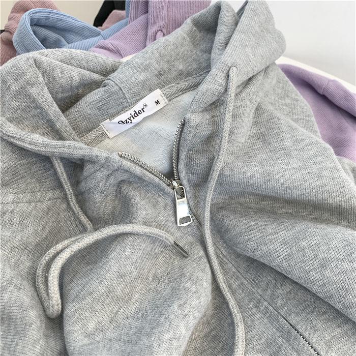 Women's Solid Color Hooded Jacket Lazy Style Zipper Cardigan Top Ladies Sportswear Coat Autumn Outwear Big Pocket Top