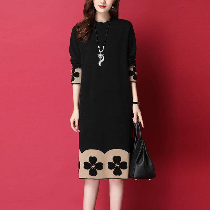 Autumn and Winter Long-sleeved Knitted Dress Large Size Loose and Thin Base Skirt Simple Over-the-knee Women's Sweater Dress