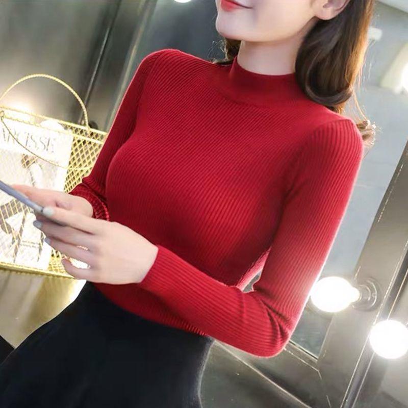 Autumn and Winter Half Turtleneck Sweater Sexy Slim Solid Color Tops Fashion Simple Women's Bottoming Shirt