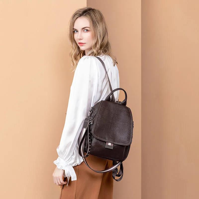 Genuine Leather Cowhide Rivet Removable Shoulder Belt Women's Backpack Soft PU Casual Multilayer Waterproof