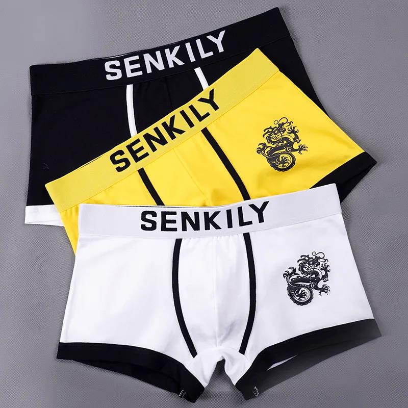 3 Packs of Men's Underwear, Pure Cotton Boxer Shorts, Student Pants, Solid Color Dragon Pattern, Chinese Style Individual Boxer Shorts