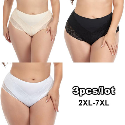 3PCS Large Size Solid Color Ladies Panties Sexy Lace Seamless Mid Waist Comfortable Briefs