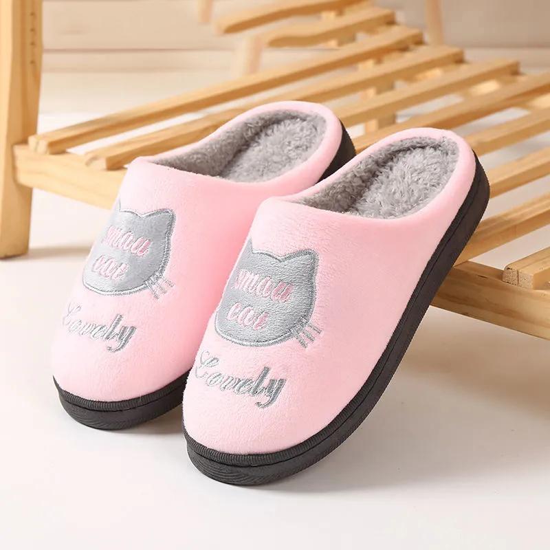 Women Slippers Pink Cute Cat Thick Fleece Warm Home Indoor Couples Plus Size Cotton Shoes Men Blue Slippers Non Slip