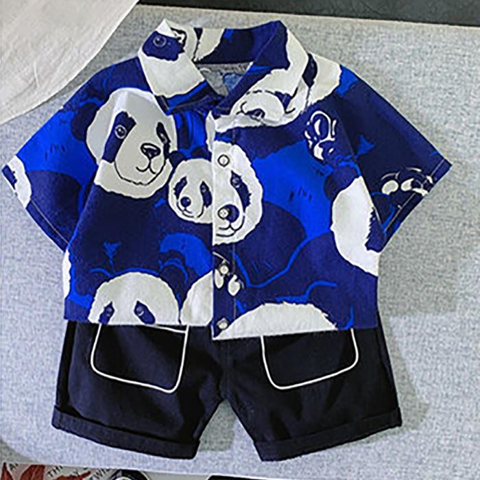 2PCS Children Clothing Set Spring Summer Boy's Printed Panda Shirt Shorts Single Breasted Thin Suits