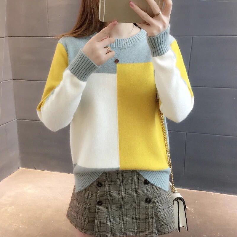 Candy-colored Knitted Bottoming Shirt Color Matching Thin Loose Blouse Plus Size Long-sleeved Sweater Women