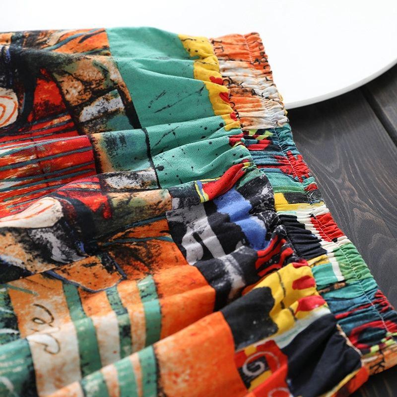 Women Large Size Cotton and Linen A-line Skirt Ethnic Style Printed Short Skirt Knee-length Enthusiasm