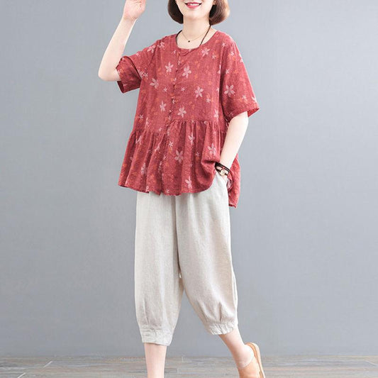 WTEMPO 2pcs Casual Middle-aged Women's Plus Size Spring and Summer Cotton and Linen Printing Pants Suit