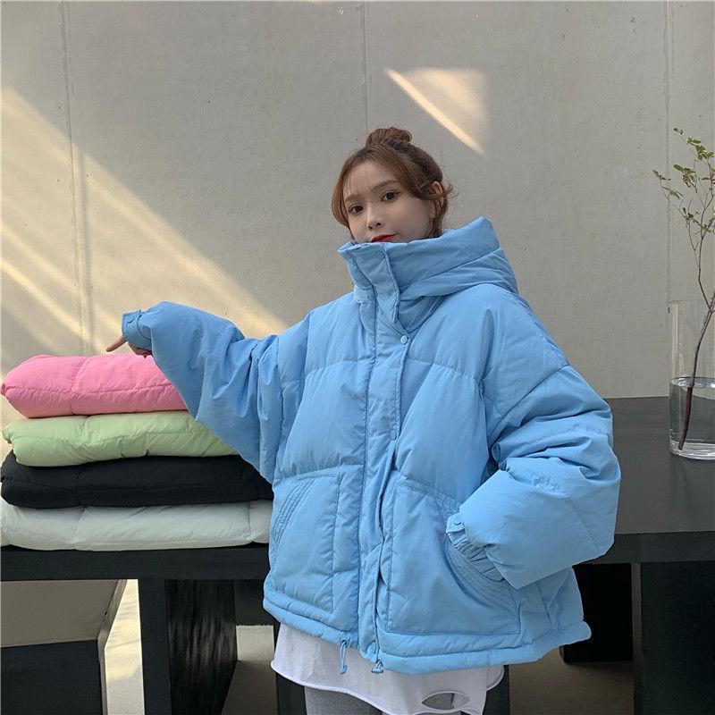 Women's Winter Korean Style Loose Quilted Jacket Women's Warm Stand-collar Down Jacket Solid Color Mid-length Down Jacket Quilted Jacket