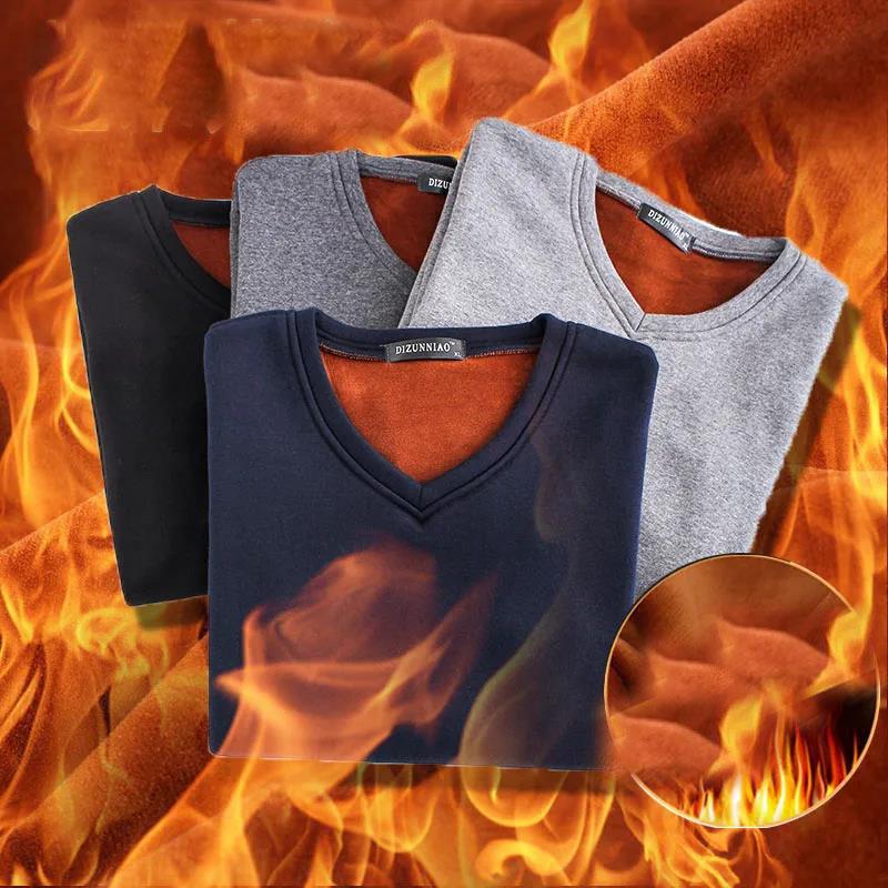 Winter Men's V-neck Warm and Comfortable Plus Velvet Thick Solid Color Underwear Single Sweater Inside