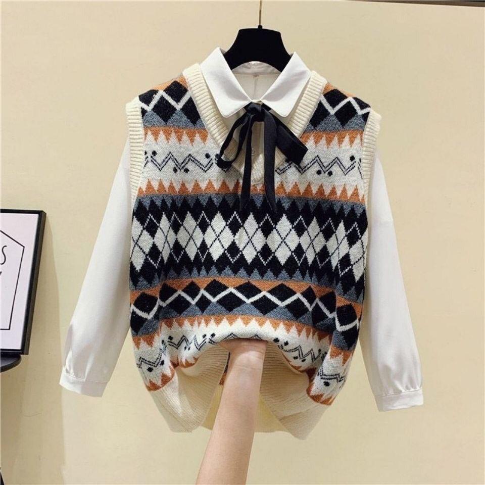 Vintage Printed Sweater Vest Women All-match Short Loose Pullover Vest Outer Wear Sweater Tank Tops