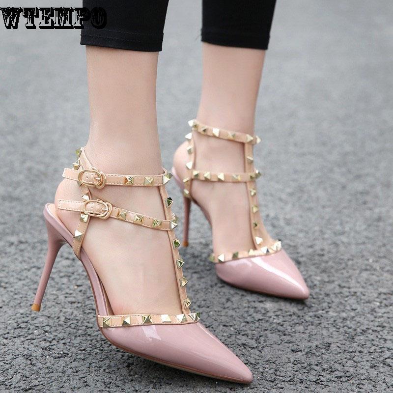 Women's Fine Heels Rivets Pointed Shoes Sexy Summer Shallow Mouth Fashion Lace Sandals