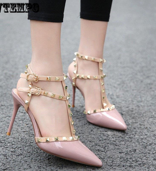 Women's Fine Heels Rivets Pointed Shoes Sexy Summer Shallow Mouth Fashion Lace Sandals