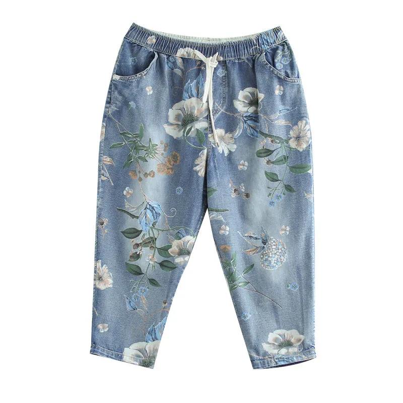 Nine-point Pants Wide-leg Pants Women Ethnic Style Printed Cotton and Linen Pants Loose Retro Thigh Pants Casual Pants