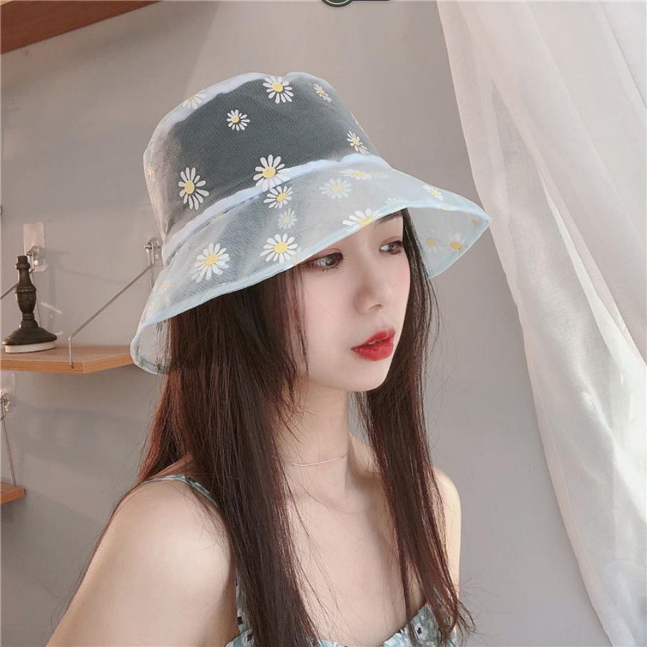 Embroidery Daisies Lace Fisherman Hat Bucket Hat Women Transparent Mesh Fashion Summer Outdoor Sun Hat