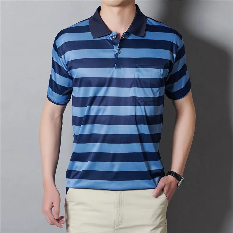 Dad's Short-sleeved T-shirt Summer Casual Loose Ice Silk Polo Shirt Men's Thin Lapel Striped Large Size Middle-aged and Elderly Tops