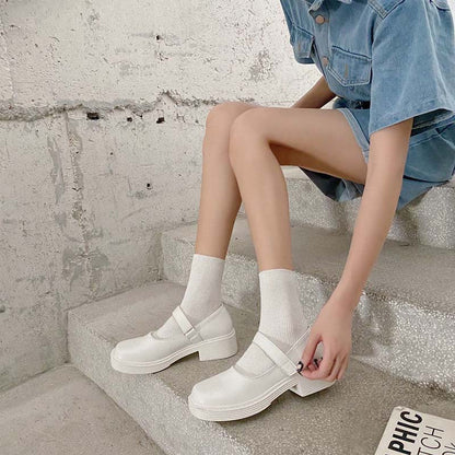 White Square Toe Thick Heel Mary Jane Shoes Female Summer Jk Platform Platform Mid-heel Small Leather Shoes Single Shoes