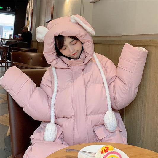 Women's Mid-length Down Jacket Winter Korean Loose Cotton Clothes Casual Hooded Padded Jacket Quilted Jacket