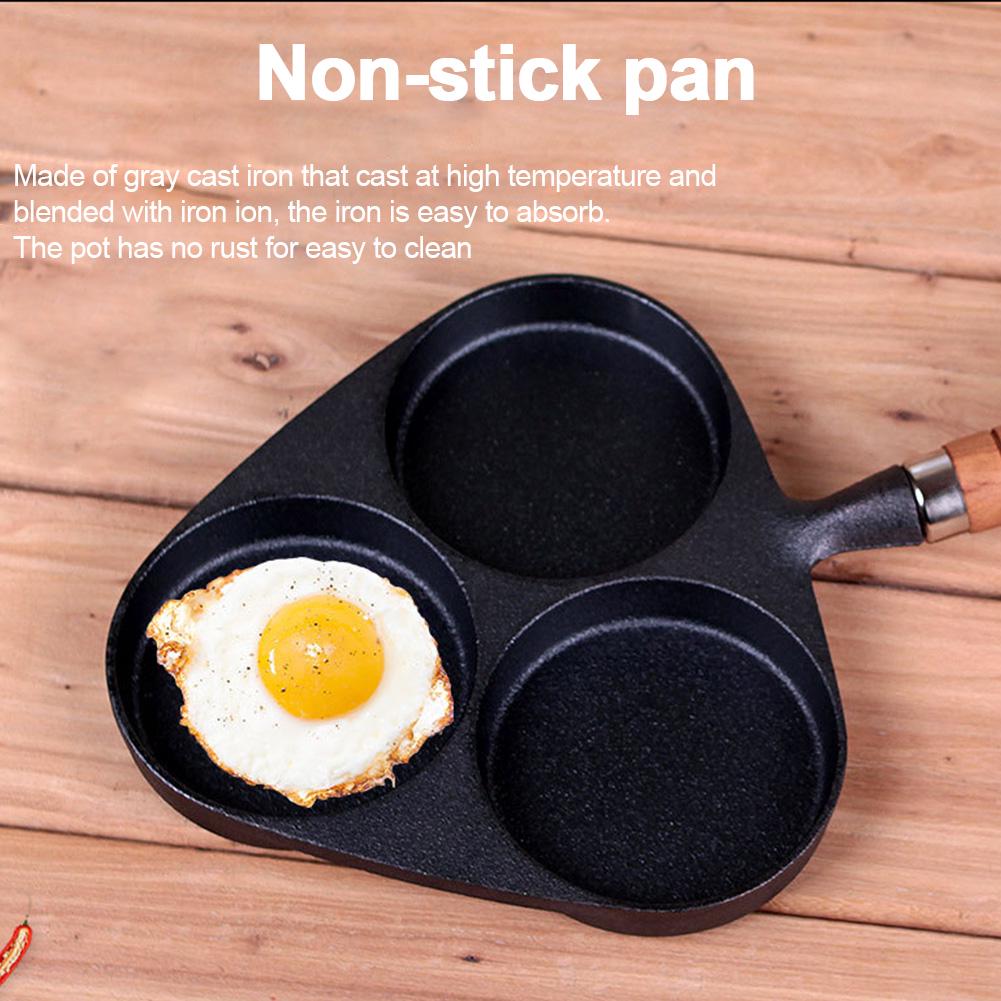 3-hole Fried Egg Pot with Wooden Handle Thickened Nonstick Cast Iron Frying Flat Pan 14.96x7.87 Inches