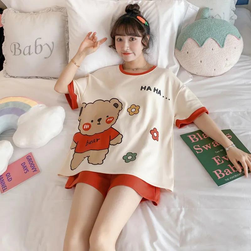 Women's Summer Pajamas Set Short-sleeved Loose Large Size Cartoon Cute Pyjamas Two-pieces Homewear Round Neck Printing Sleeping Suit