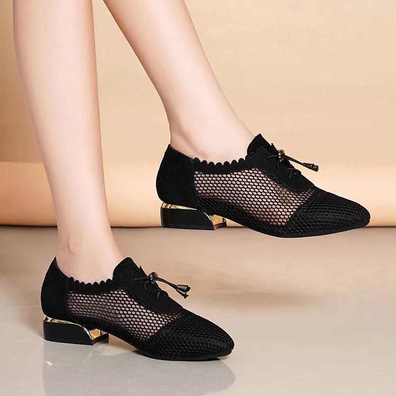 Women's Black Leather Sandals Summer Mesh Hollow Lace-up Low-heeled Thick-heeled Pointed Mother Single Shoes Sandals Women