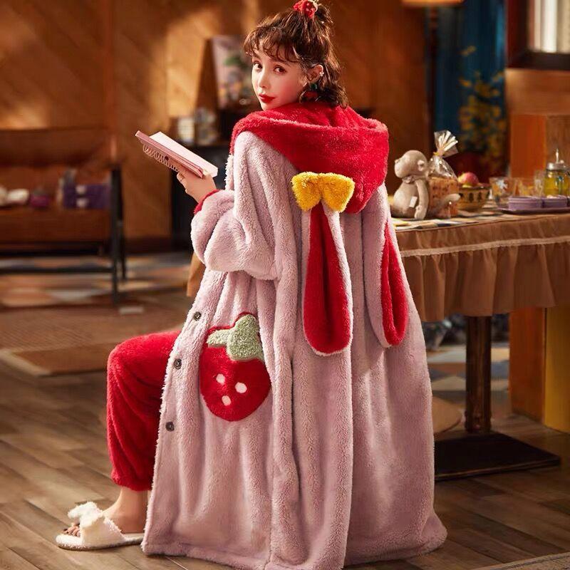 Large Size Thick Coral Fleece Warm and Skin-friendly Soft Pajamas for Women In Winter Long Cute Cartoon Can Be Worn Outside The Robe Can Be Washed