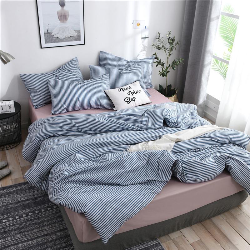 3/4 Pcs Bedding Set Simple Stripes Cotton Printed Bed Sheet Bed Cover Home Textile Bedclothes