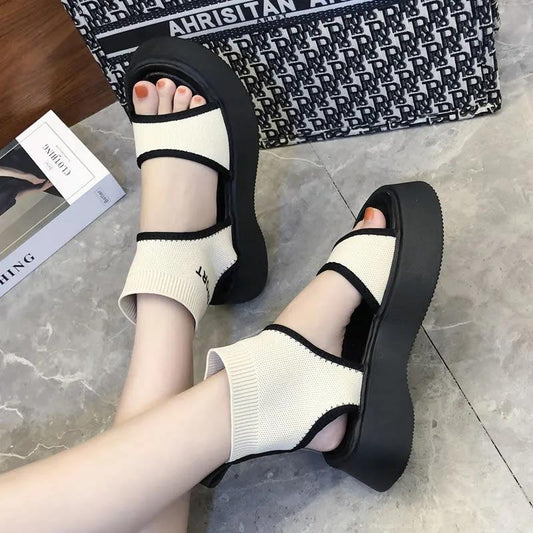 Summer Knitted Turtleneck Hollow Fish Mouth Sandals Non-slip Platform Platform Shoes Women's Elastic and Comfortable Sandals